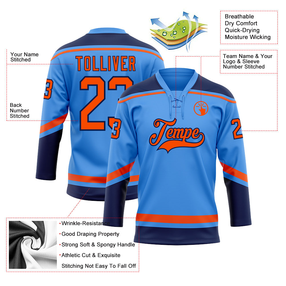 Custom Powder Blue Orange-Navy Hockey Lace Neck Jersey view 3
