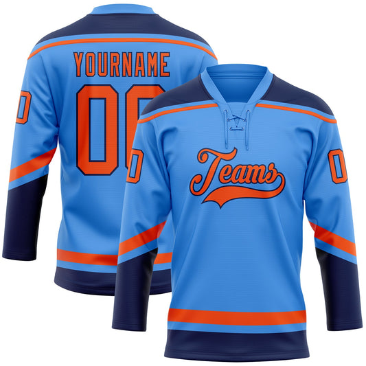 Custom Powder Blue Orange-Navy Hockey Lace Neck Jersey - Main View