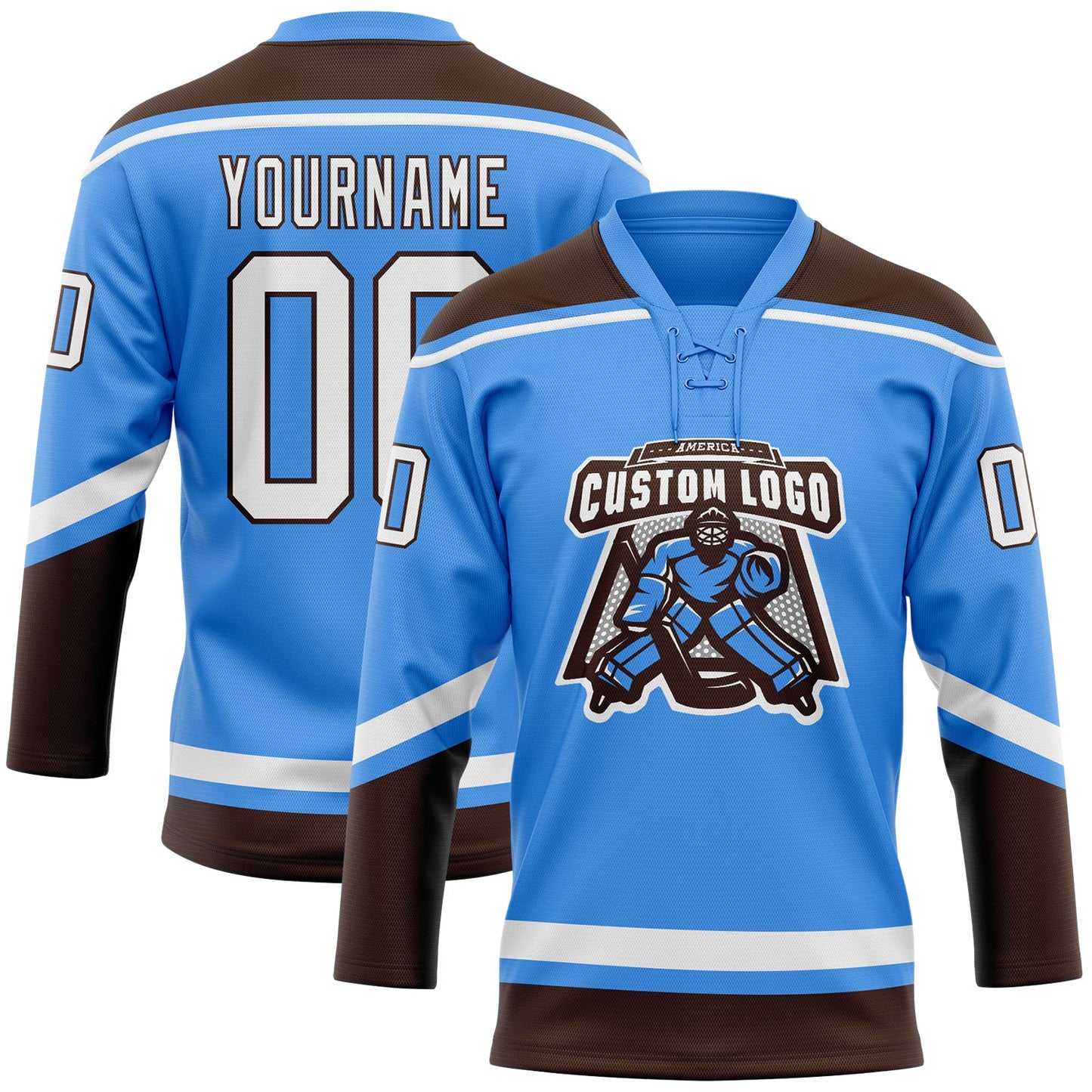 Custom Powder Blue White-Brown Hockey Lace Neck Jersey view 2