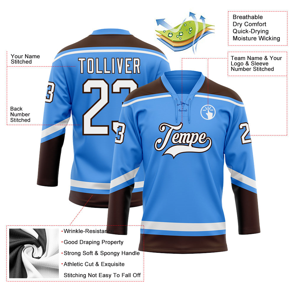 Custom Powder Blue White-Brown Hockey Lace Neck Jersey view 3