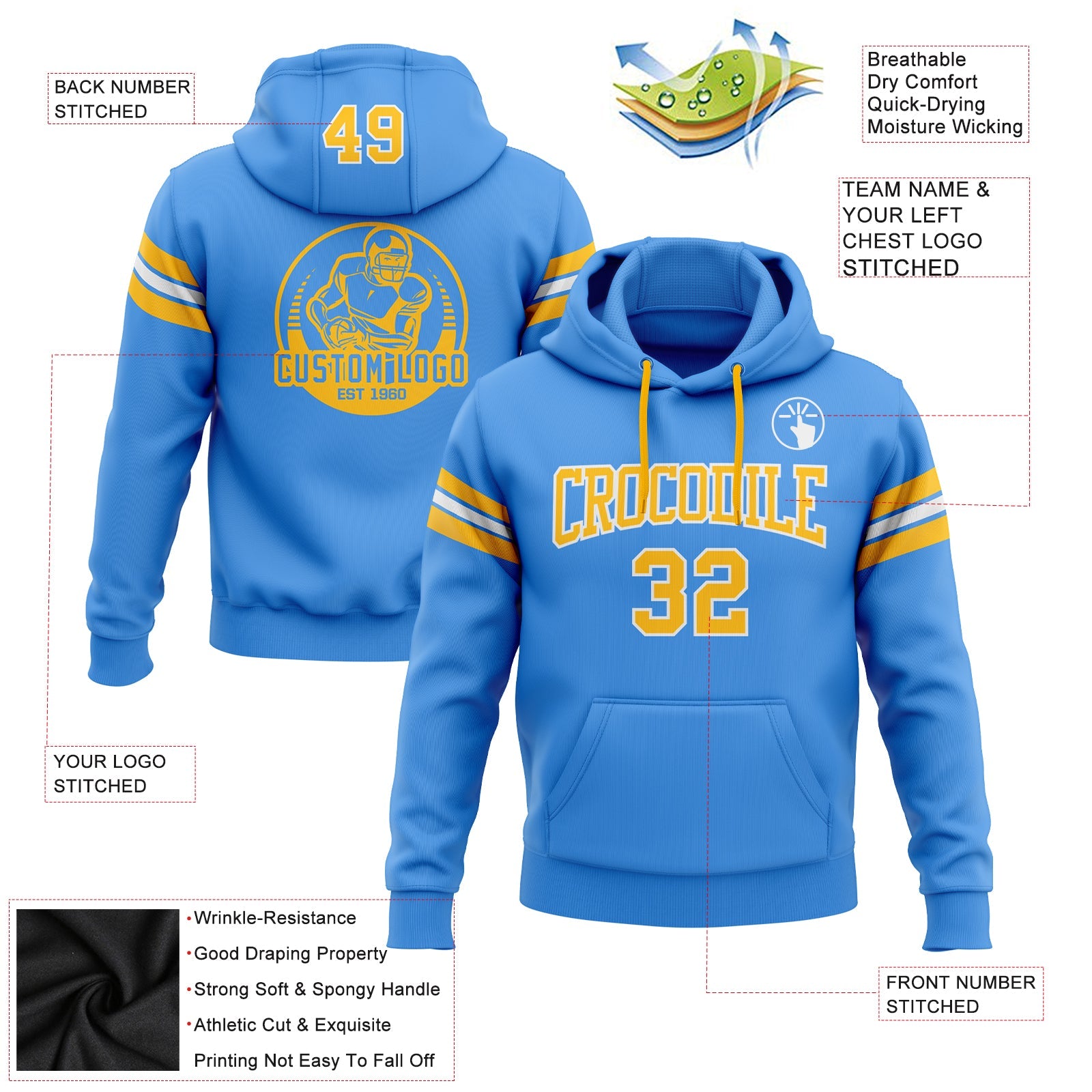 Custom Stitched Powder Blue Gold-White Football Pullover Sweatshirt Hoodie view 2