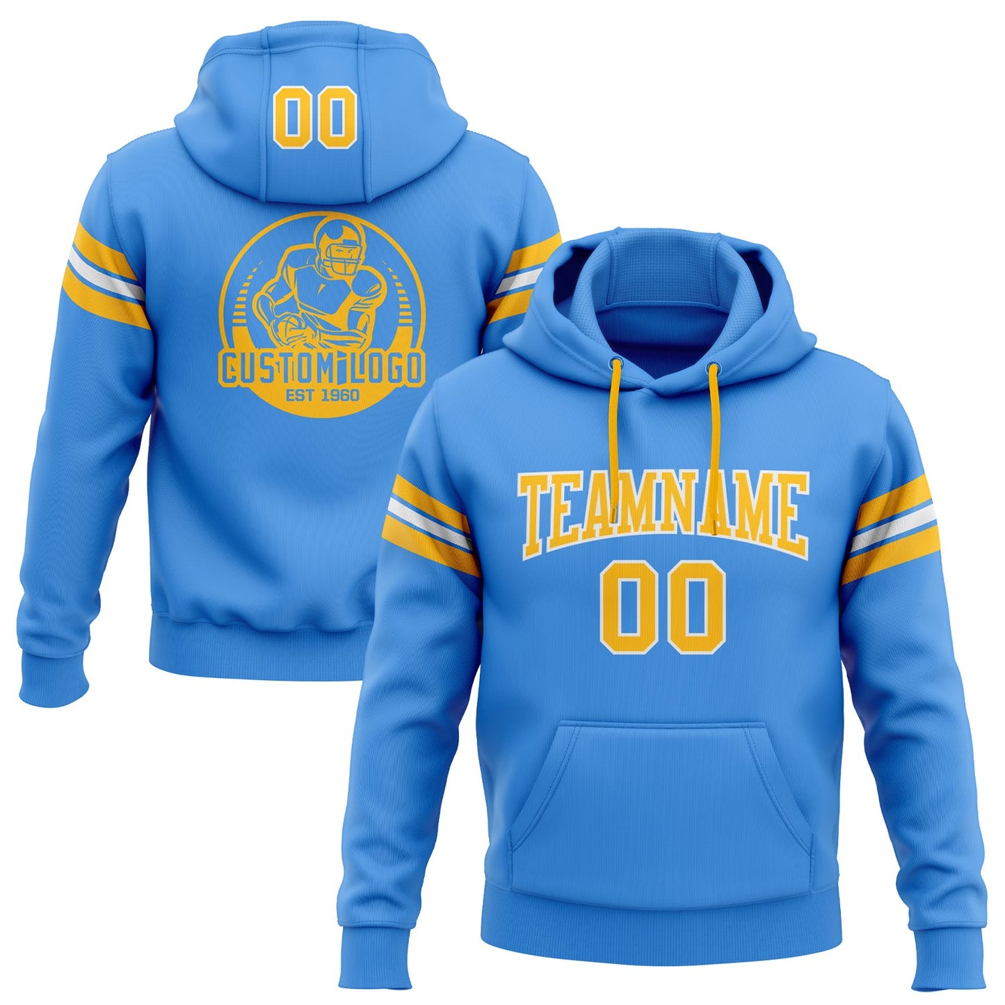 Custom Stitched Powder Blue Gold-White Football Pullover Sweatshirt Hoodie - Main View