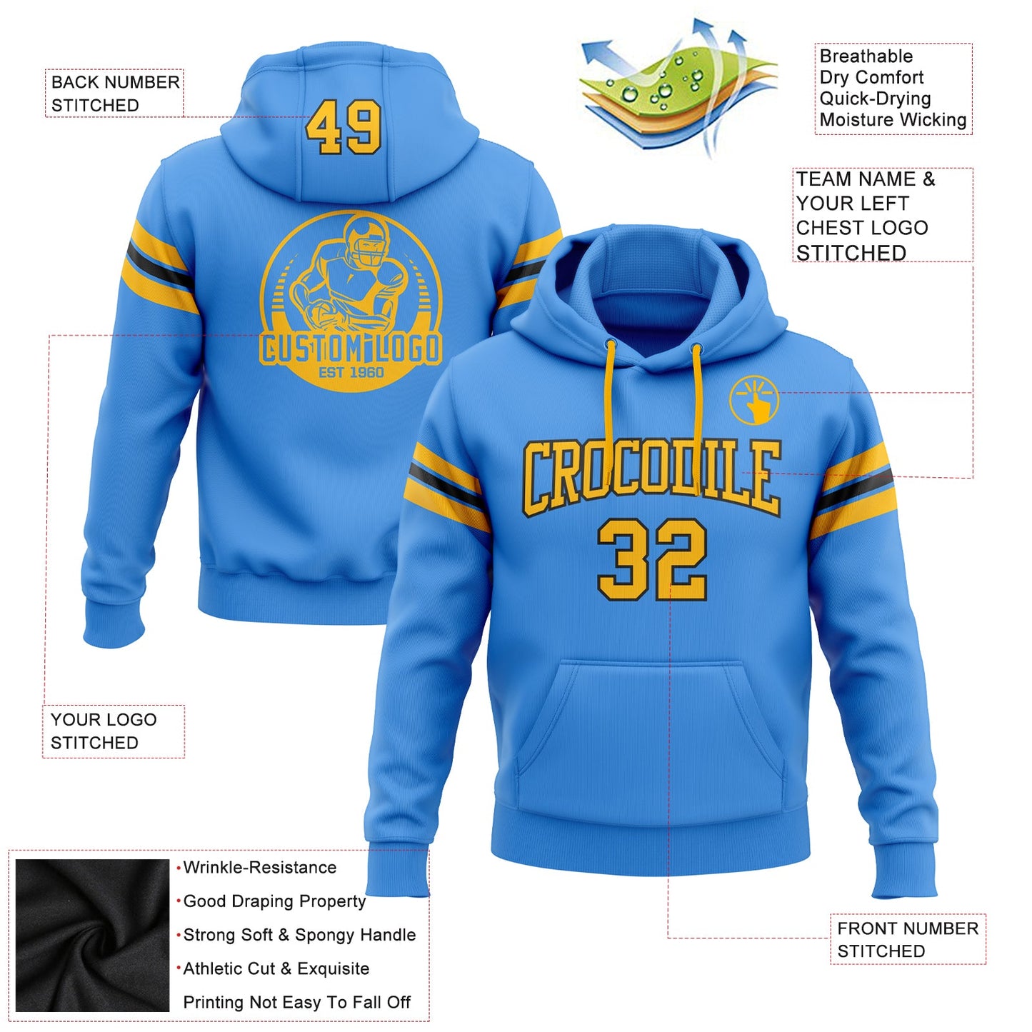 Custom Stitched Powder Blue Gold-Black Football Pullover Sweatshirt Hoodie view 2