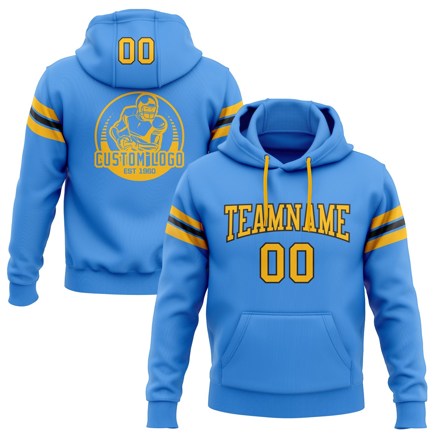 Custom Stitched Powder Blue Gold-Black Football Pullover Sweatshirt Hoodie - Main View