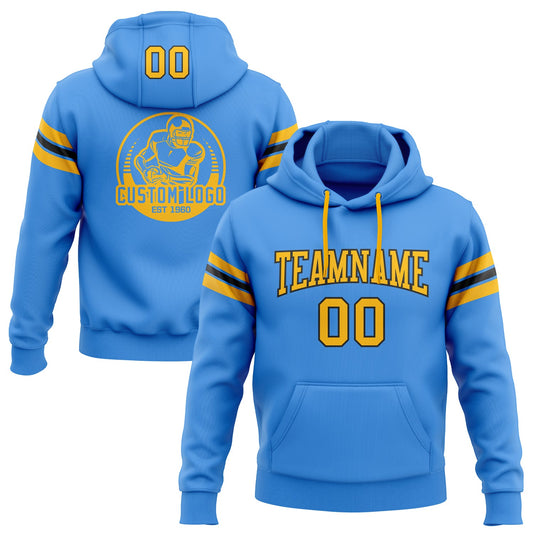 Custom Stitched Powder Blue Gold-Black Football Pullover Sweatshirt Hoodie - Main View
