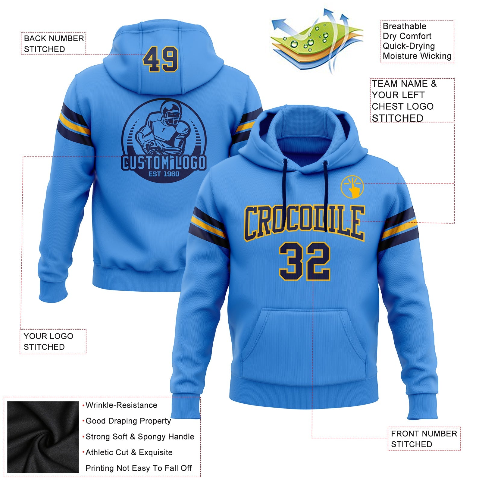 Custom Stitched Powder Blue Navy-Gold Football Pullover Sweatshirt Hoodie view 2