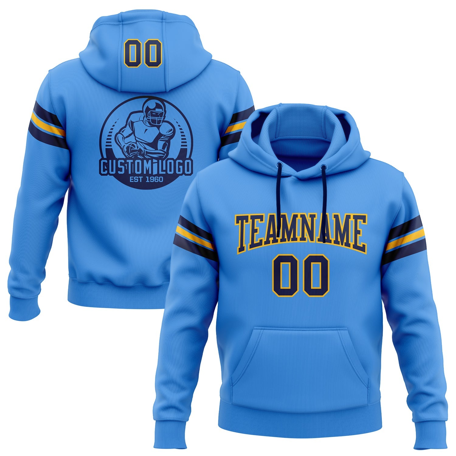Custom Stitched Powder Blue Navy-Gold Football Pullover Sweatshirt Hoodie - Main View