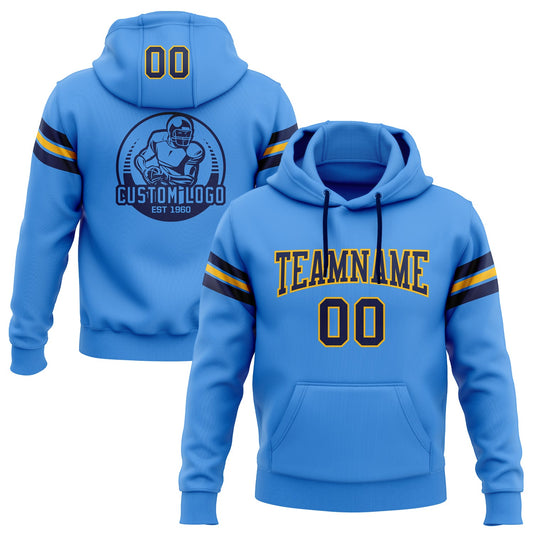 Custom Stitched Powder Blue Navy-Gold Football Pullover Sweatshirt Hoodie - Main View