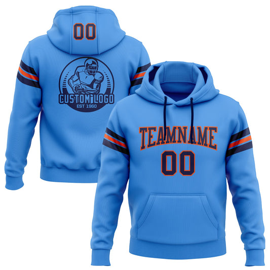 Custom Stitched Powder Blue Navy-Orange Football Pullover Sweatshirt Hoodie - Main View