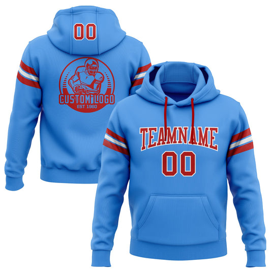 Custom Stitched Powder Blue Red-White Football Pullover Sweatshirt Hoodie - Main View