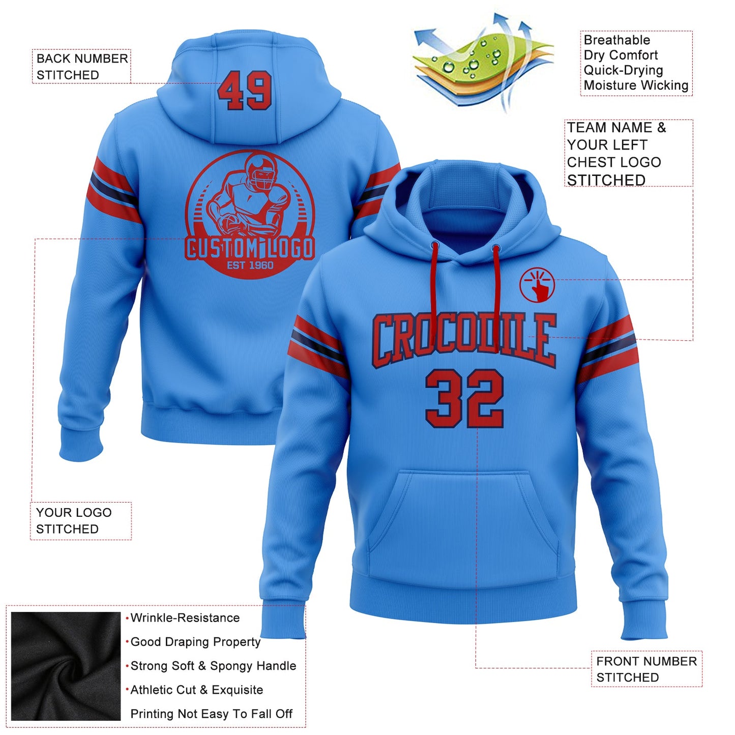Custom Stitched Powder Blue Red-Navy Football Pullover Sweatshirt Hoodie view 2
