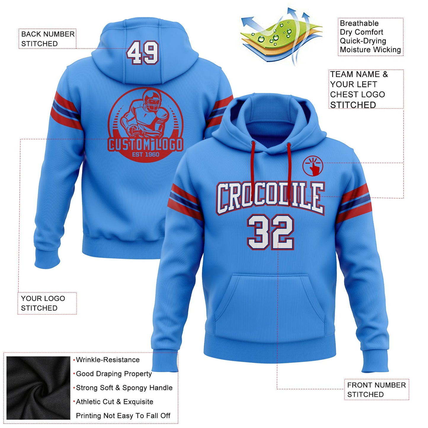 Custom Stitched Powder Blue White Royal-Red Football Pullover Sweatshirt Hoodie view 2