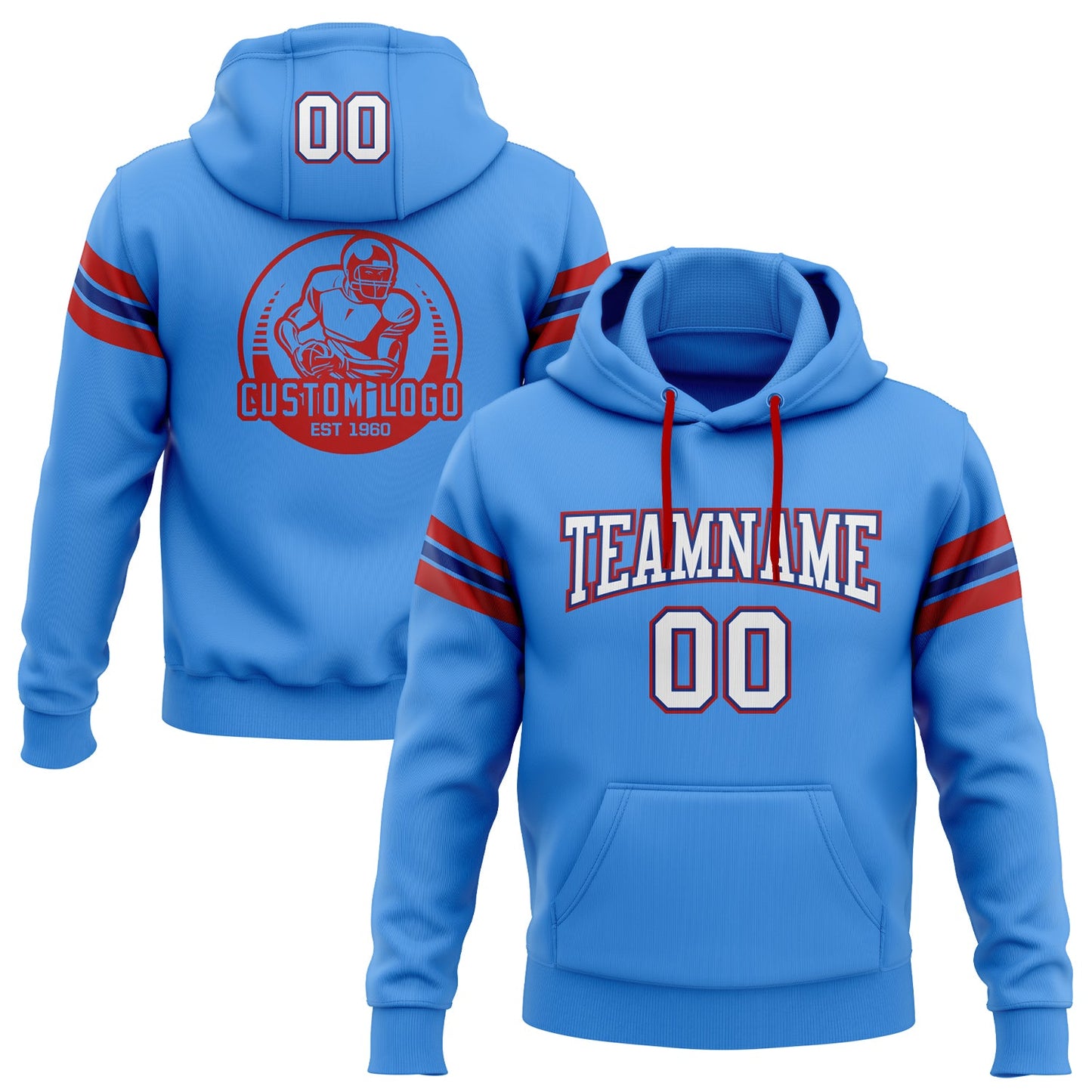 Custom Stitched Powder Blue White Royal-Red Football Pullover Sweatshirt Hoodie - Main View