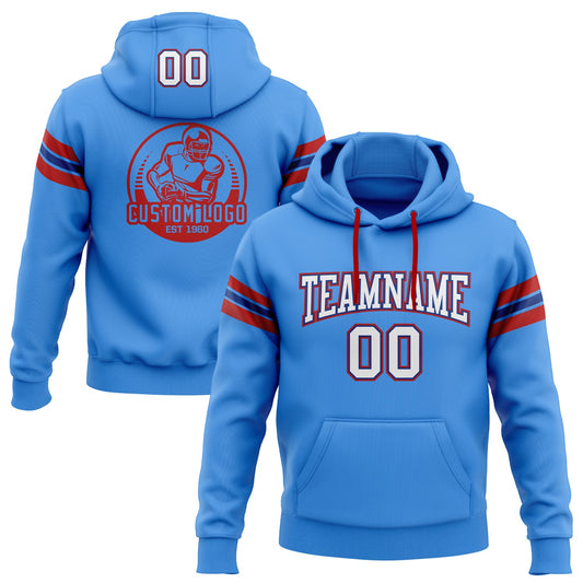 Custom Stitched Powder Blue White Royal-Red Football Pullover Sweatshirt Hoodie - Main View