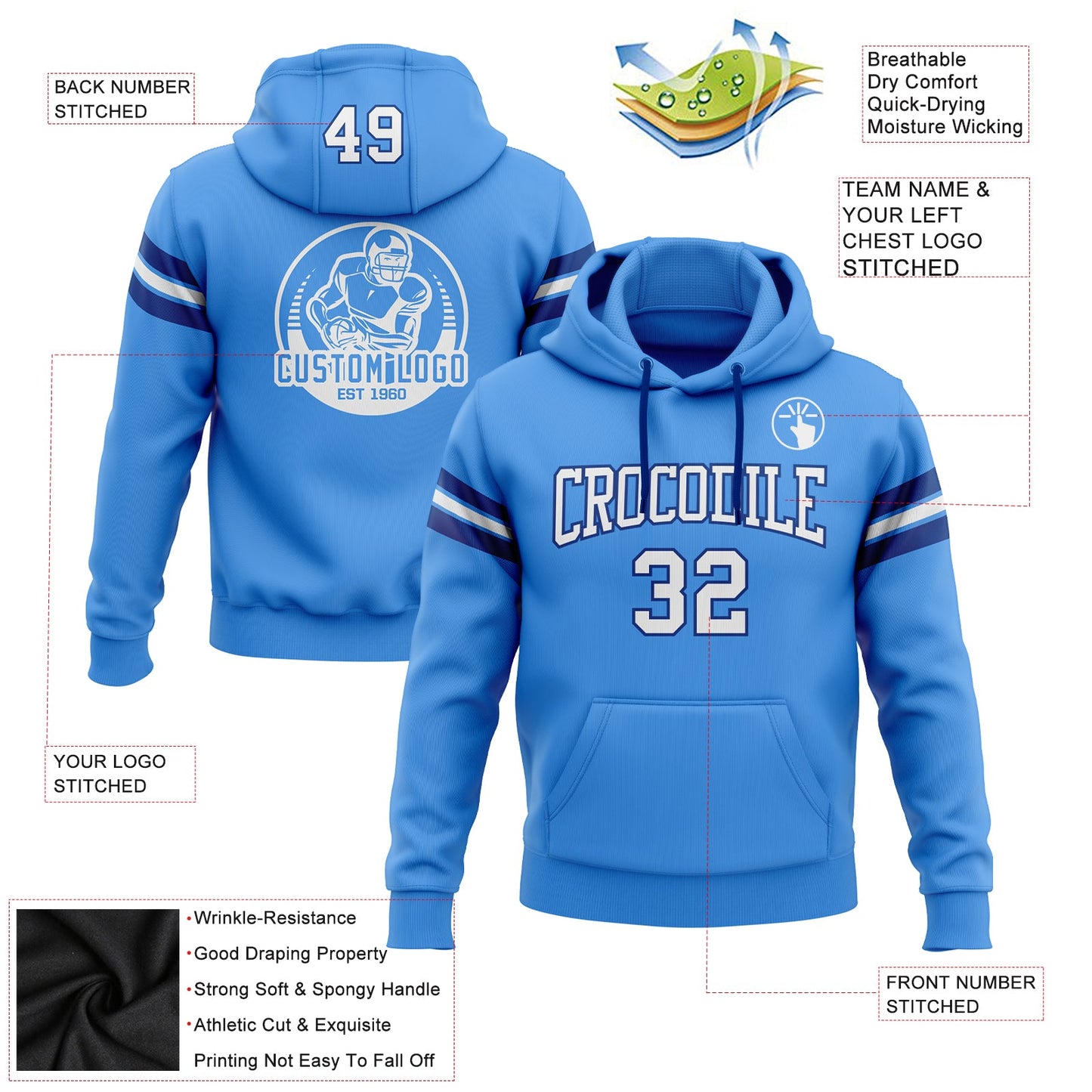 Custom Stitched Powder Blue White-Royal Football Pullover Sweatshirt Hoodie view 2