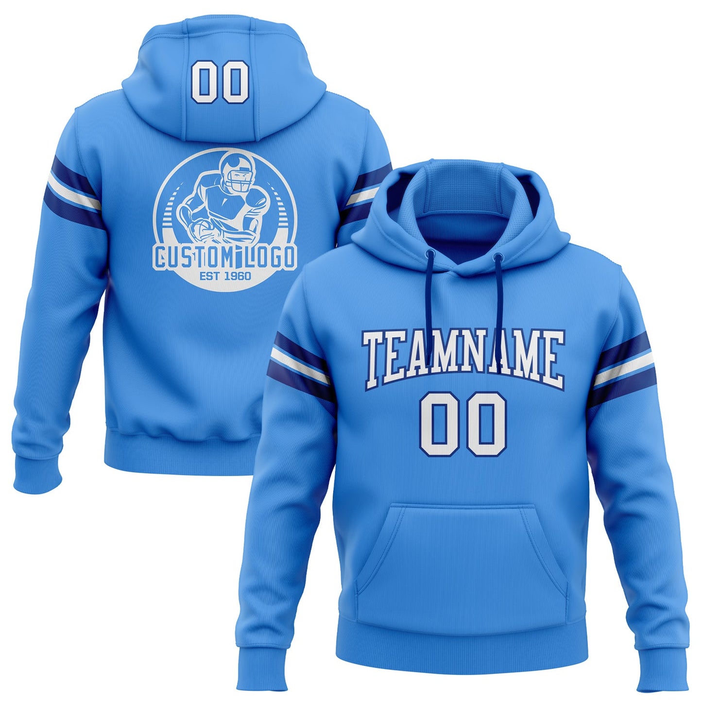 Custom Stitched Powder Blue White-Royal Football Pullover Sweatshirt Hoodie - Main View