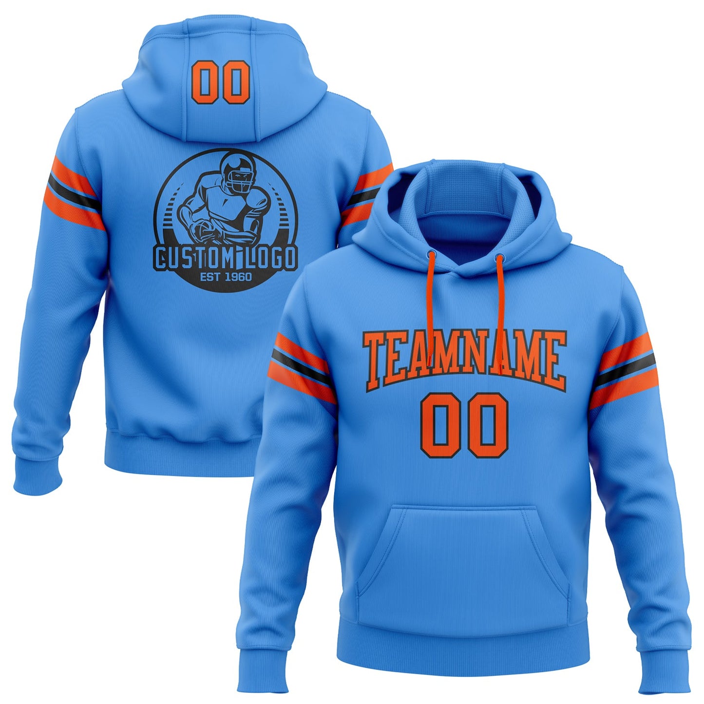 Custom Stitched Powder Blue Orange-Black Football Pullover Sweatshirt Hoodie - Main View