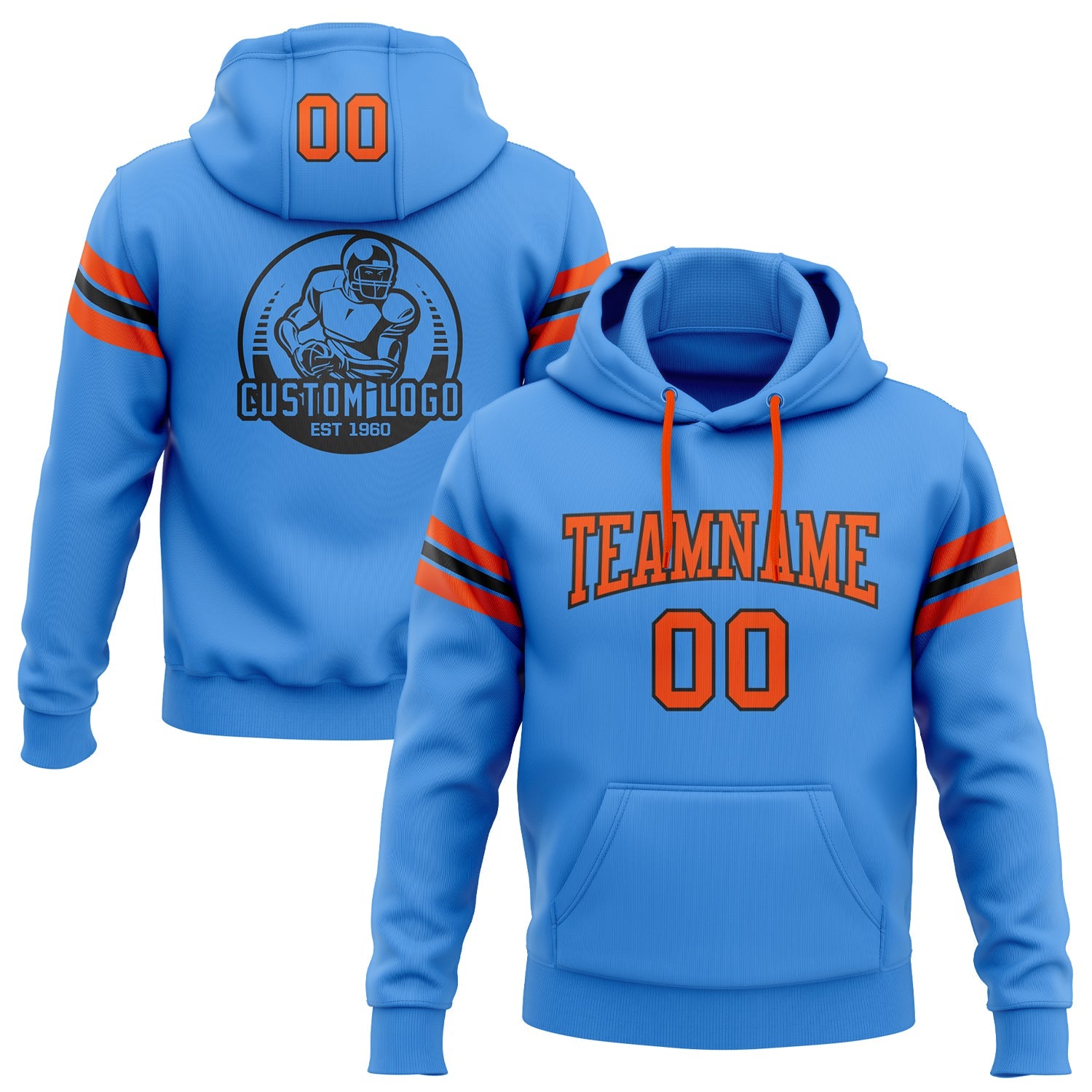 Custom Stitched Powder Blue Orange-Black Football Pullover Sweatshirt Hoodie - Main View