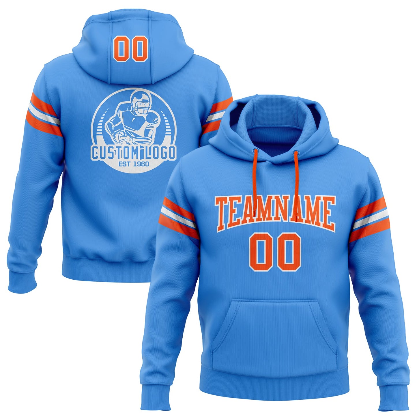 Custom Stitched Powder Blue Orange-White Football Pullover Sweatshirt Hoodie - Main View