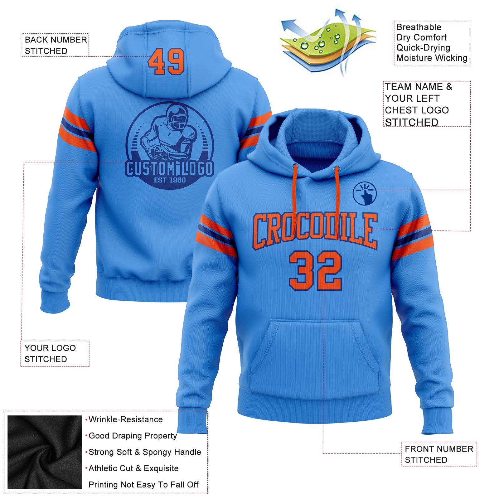 Custom Stitched Powder Blue Orange-Royal Football Pullover Sweatshirt Hoodie view 2