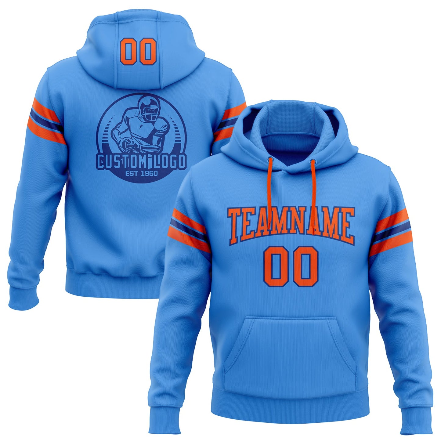 Custom Stitched Powder Blue Orange-Royal Football Pullover Sweatshirt Hoodie - Main View