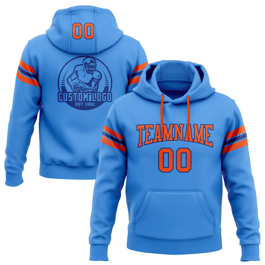 Custom Stitched Powder Blue Orange-Royal Football Pullover Sweatshirt Hoodie - Main View