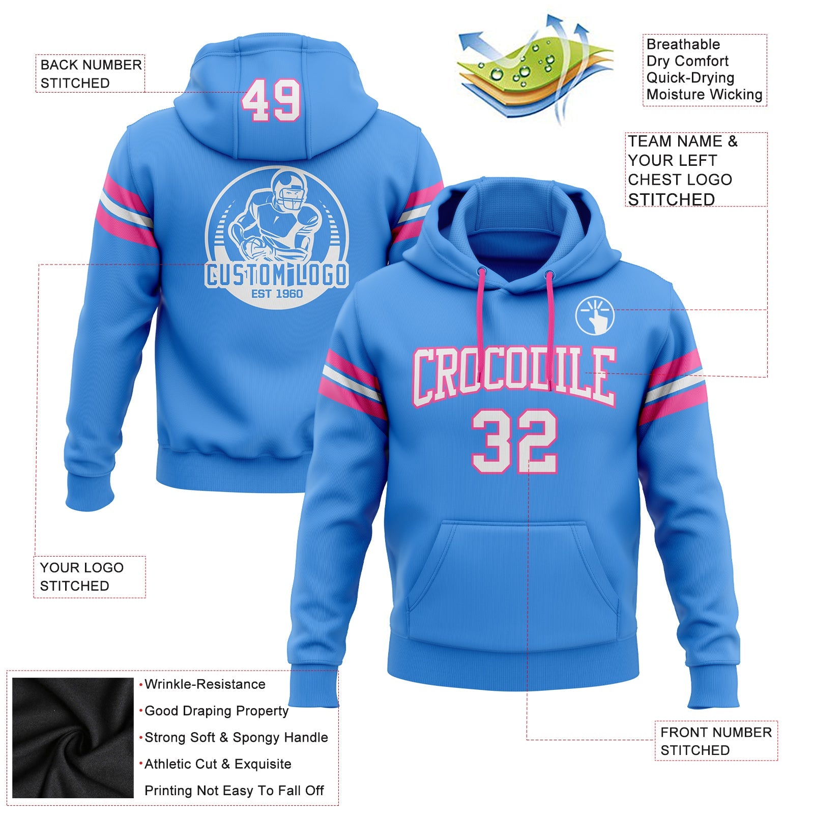 Custom Stitched Powder Blue White-Pink Football Pullover Sweatshirt Hoodie view 2