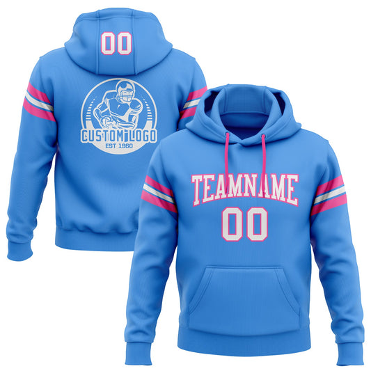 Custom Stitched Powder Blue White-Pink Football Pullover Sweatshirt Hoodie - Main View