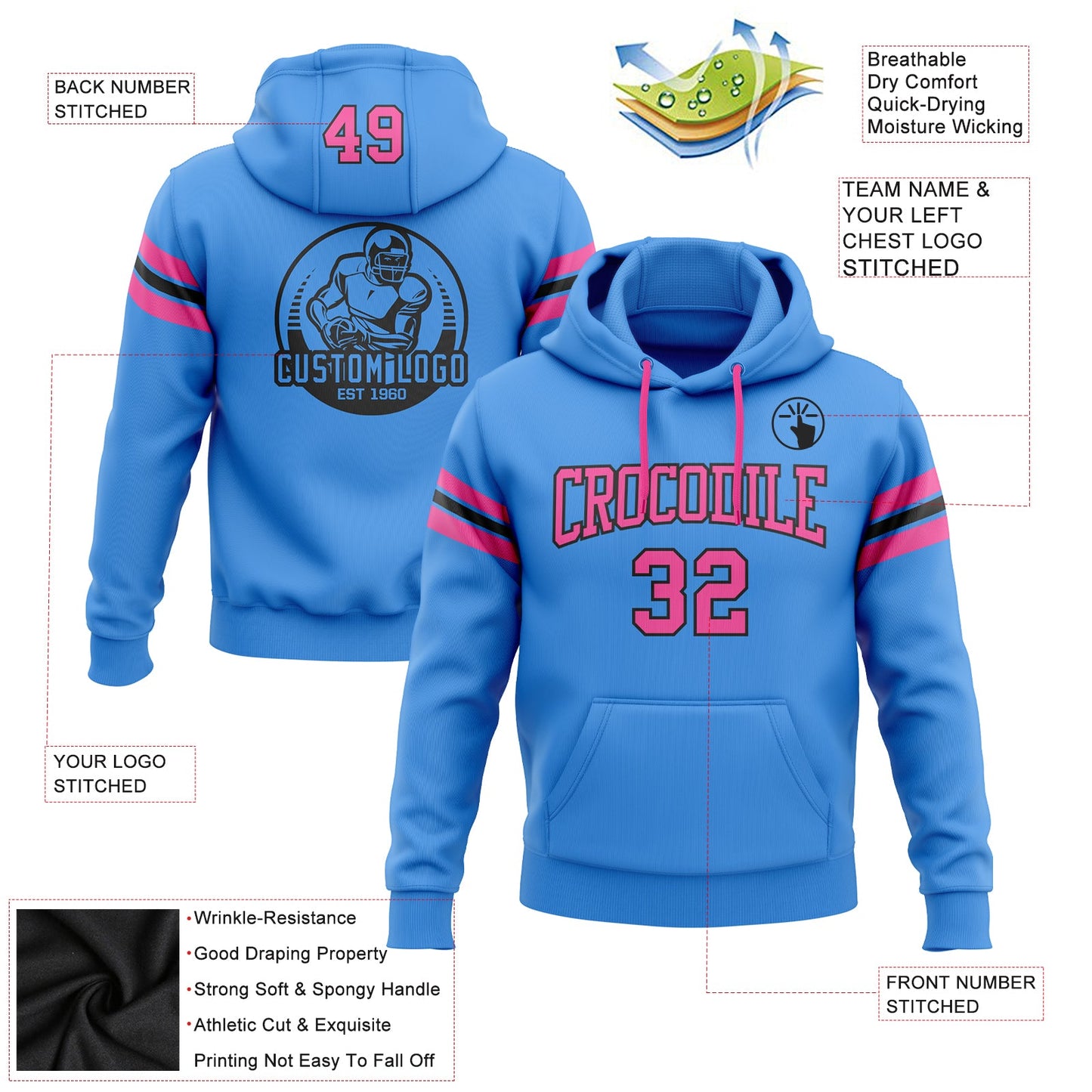 Custom Stitched Powder Blue Pink-Black Football Pullover Sweatshirt Hoodie view 2
