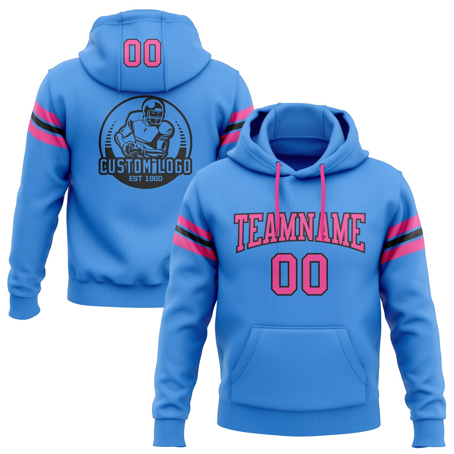 Custom Stitched Powder Blue Pink-Black Football Pullover Sweatshirt Hoodie - Main View