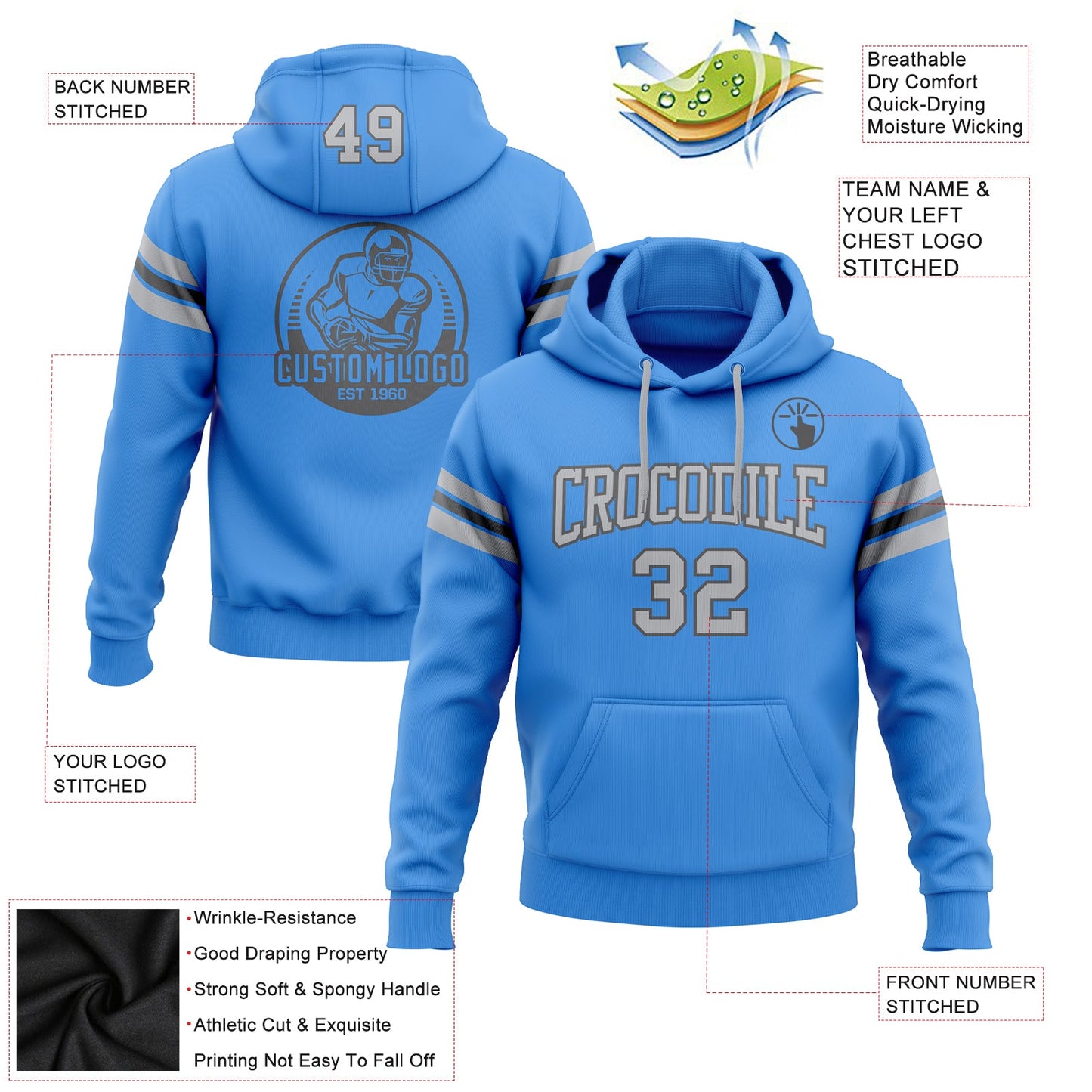 Custom Stitched Powder Blue Gray-Steel Gray Football Pullover Sweatshirt Hoodie view 2
