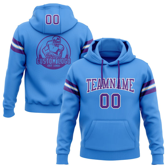 Custom Stitched Powder Blue Purple-White Football Pullover Sweatshirt Hoodie - Main View