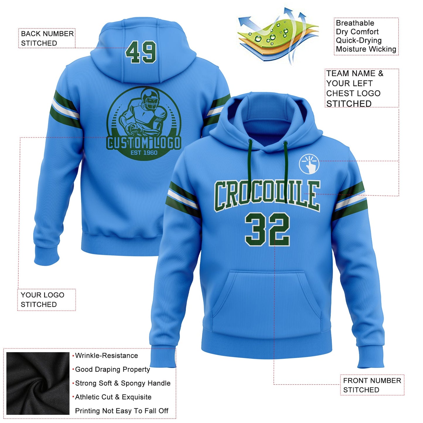 Custom Stitched Powder Blue Green-White Football Pullover Sweatshirt Hoodie view 2