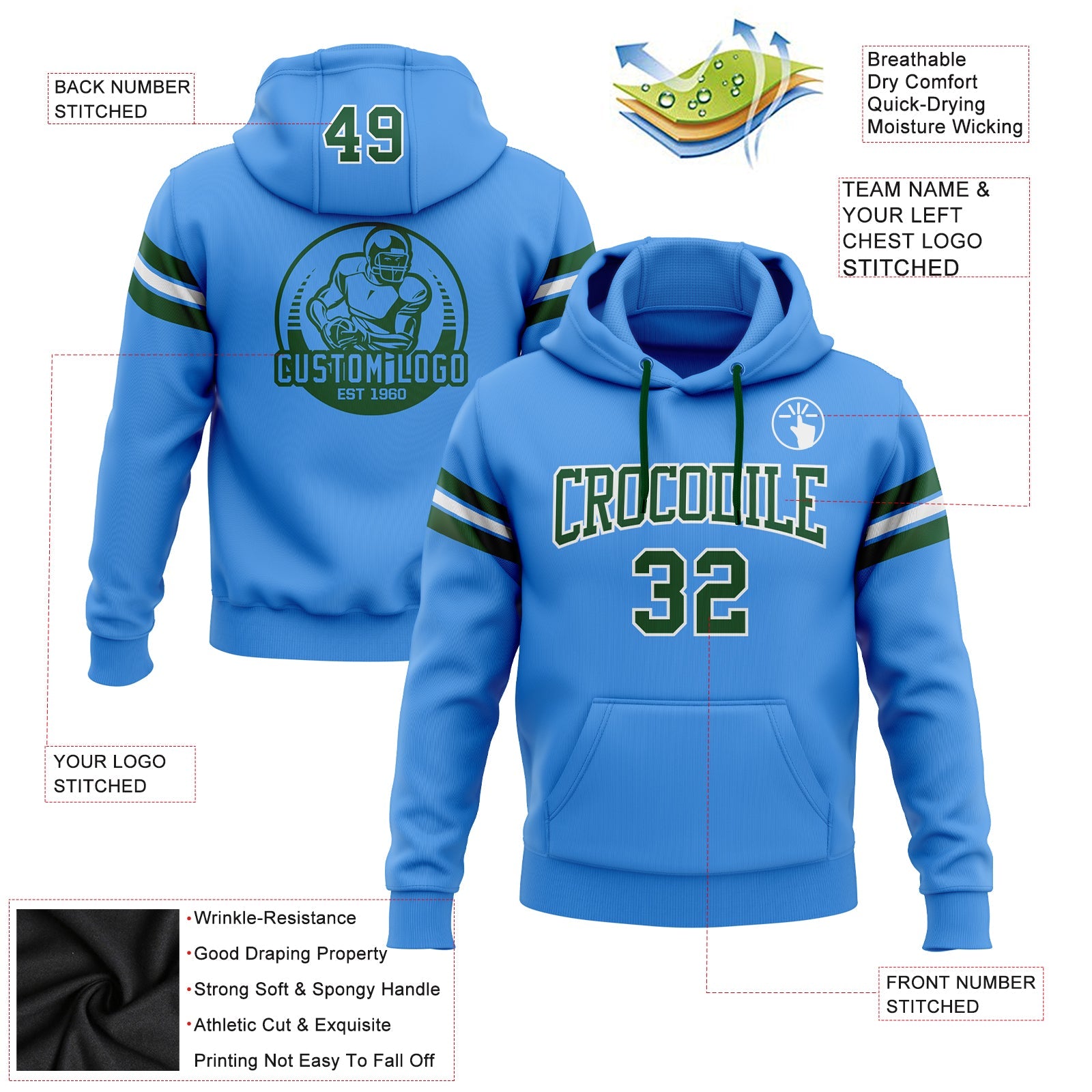 Custom Stitched Powder Blue Green-White Football Pullover Sweatshirt Hoodie view 2