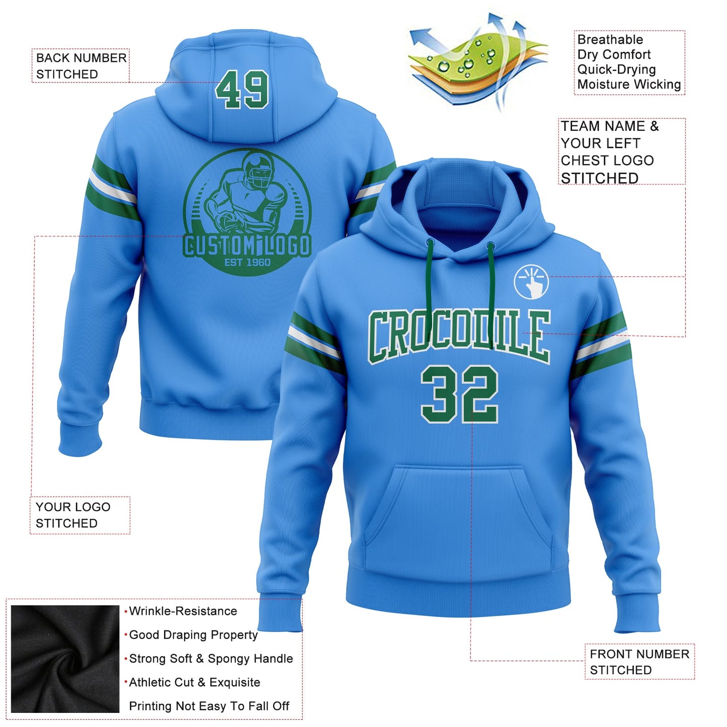 Custom Stitched Powder Blue Kelly Green-White Football Pullover Sweatshirt Hoodie view 2