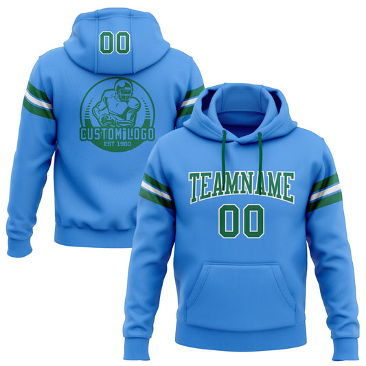 Custom Stitched Powder Blue Kelly Green-White Football Pullover Sweatshirt Hoodie - Main View