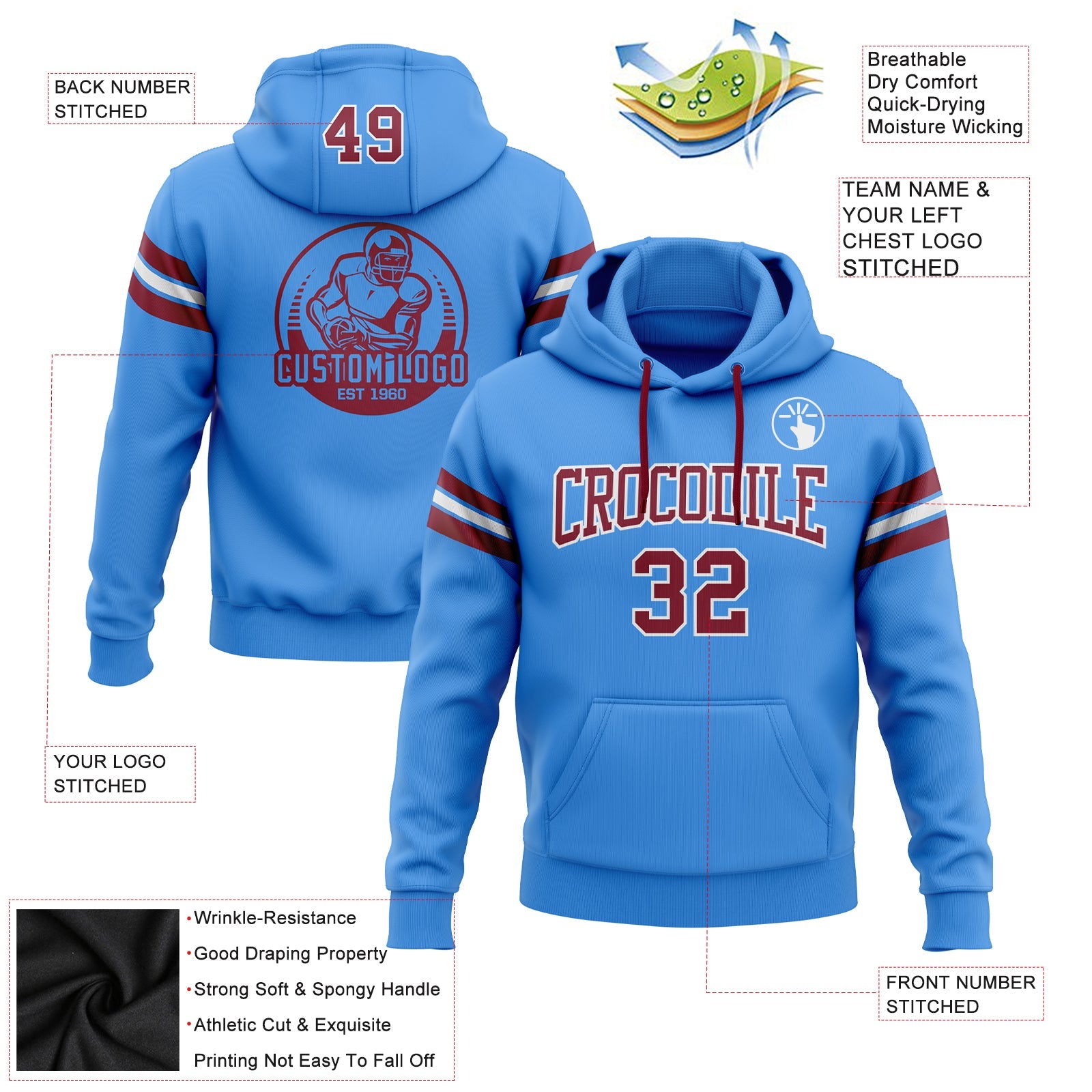 Custom Stitched Powder Blue Crimson-White Football Pullover Sweatshirt Hoodie view 2
