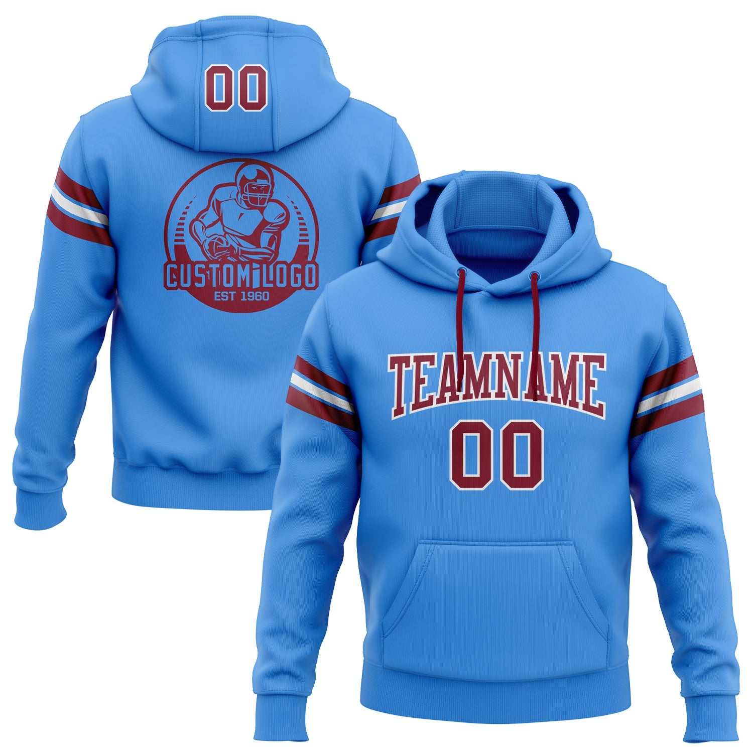 Custom Stitched Powder Blue Crimson-White Football Pullover Sweatshirt Hoodie - Main View