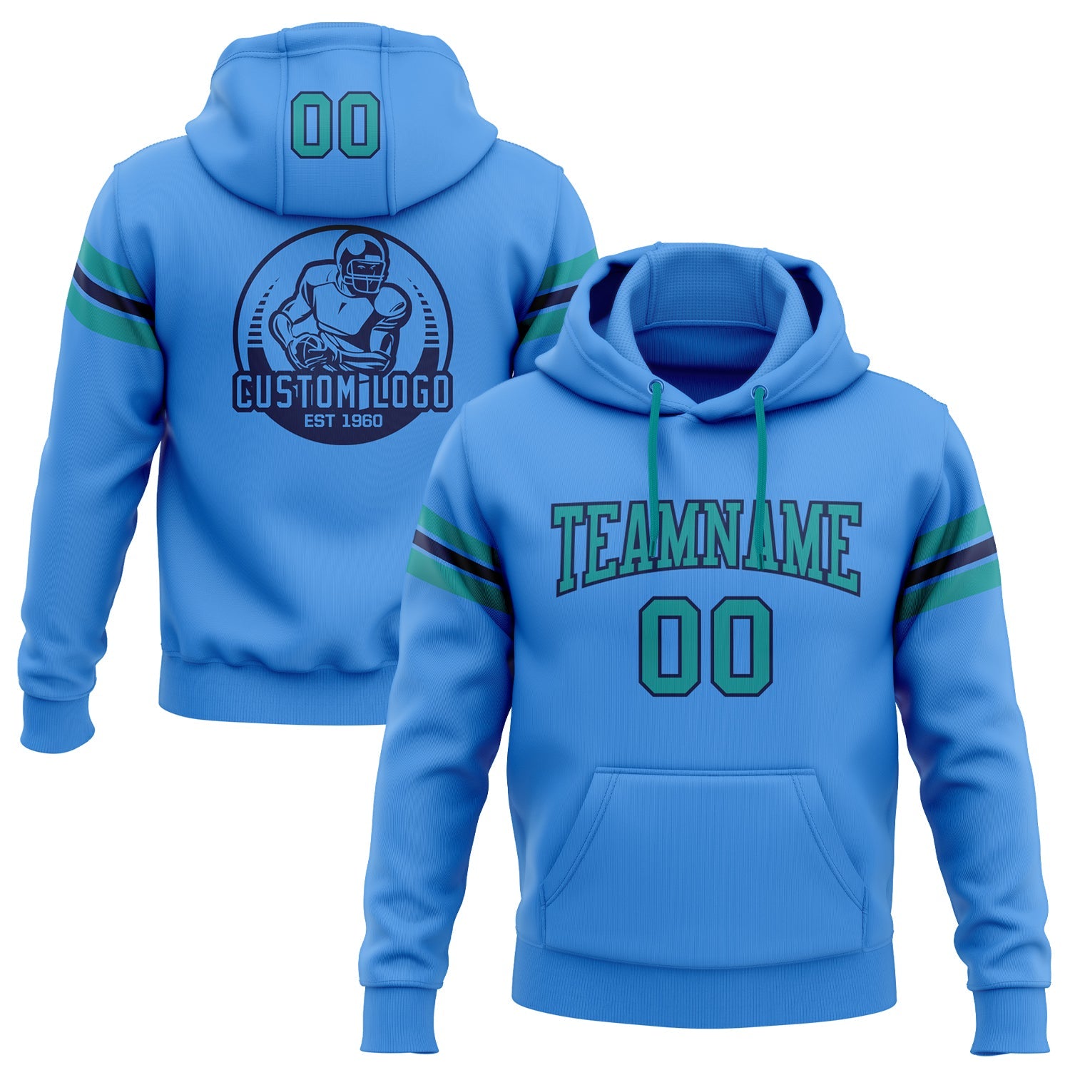 Custom Stitched Powder Blue Teal-Navy Football Pullover Sweatshirt Hoodie - Main View