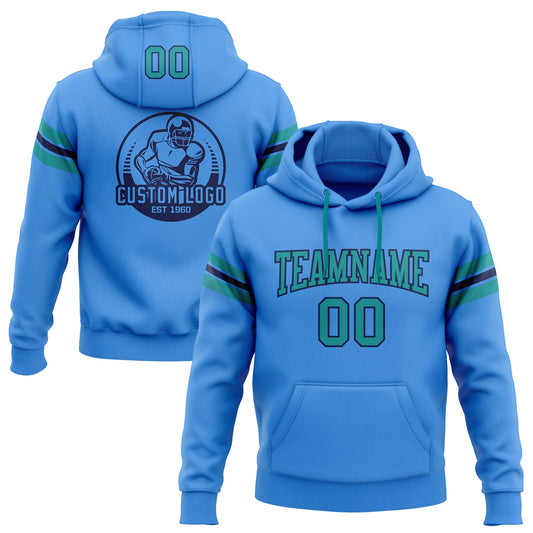 Custom Stitched Powder Blue Teal-Navy Football Pullover Sweatshirt Hoodie - Main View