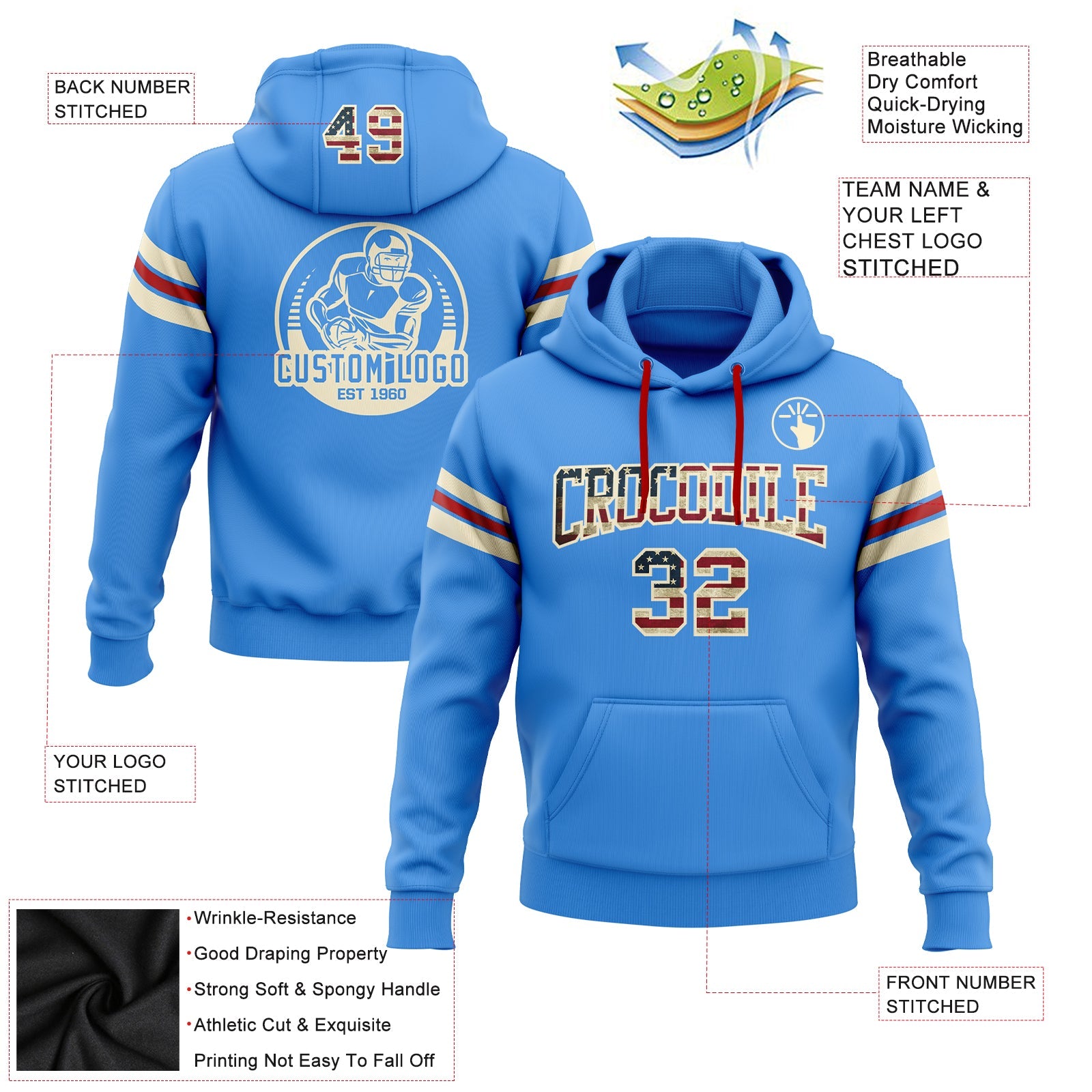 Custom Stitched Powder Blue Vintage USA Flag Cream-Red Football Pullover Sweatshirt Hoodie view 2
