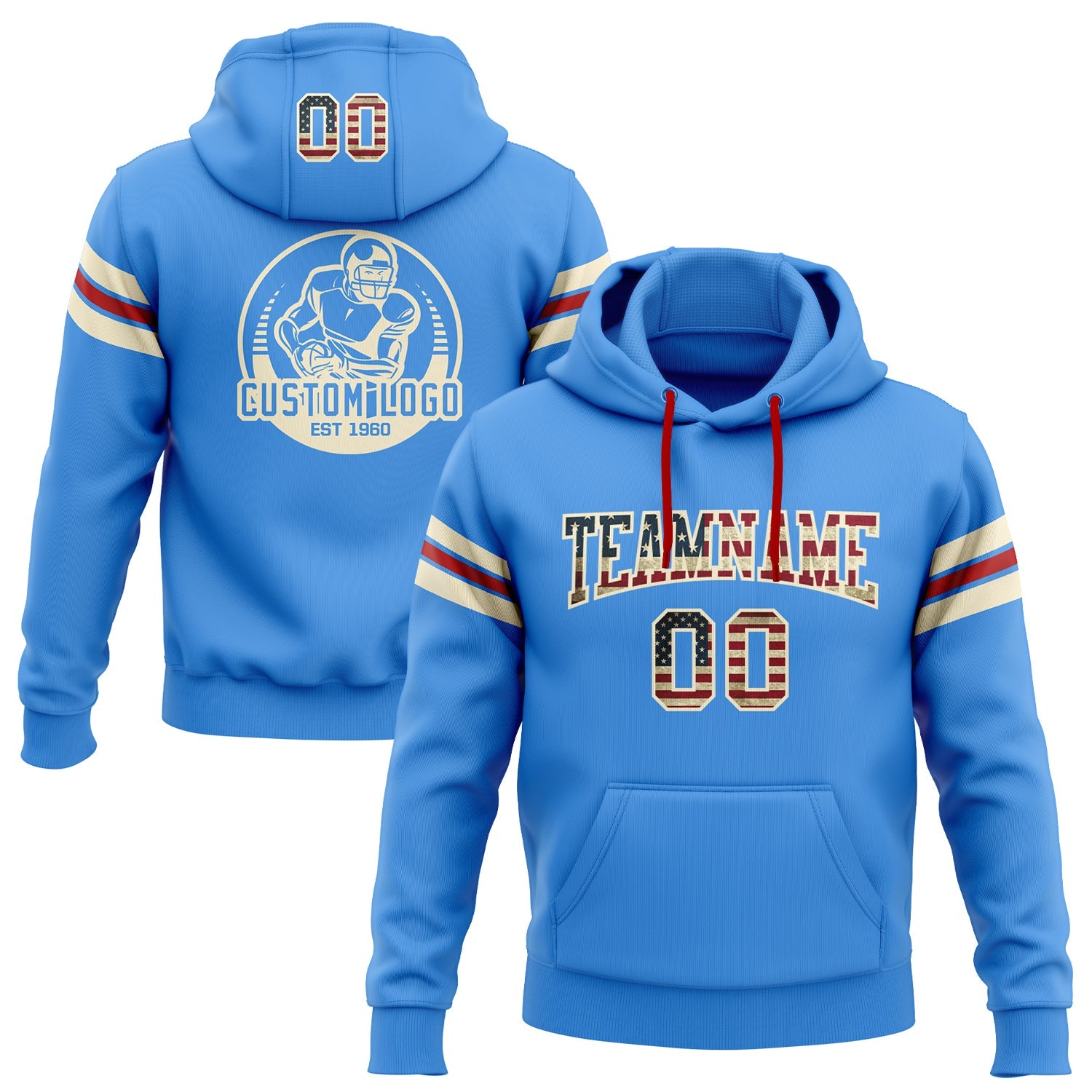 Custom Stitched Powder Blue Vintage USA Flag Cream-Red Football Pullover Sweatshirt Hoodie - Main View