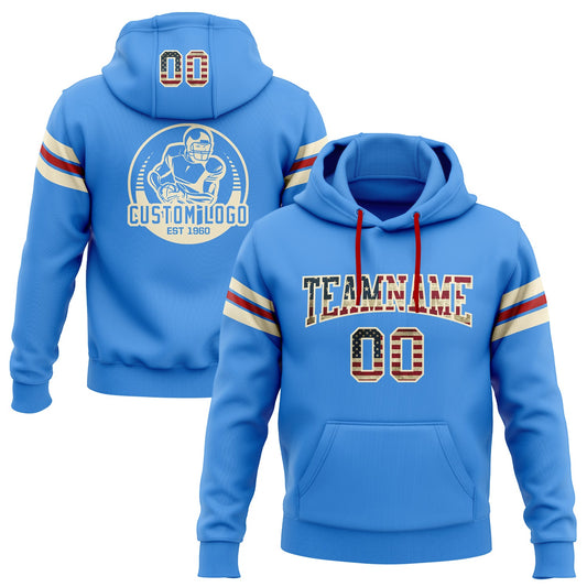 Custom Stitched Powder Blue Vintage USA Flag Cream-Red Football Pullover Sweatshirt Hoodie - Main View