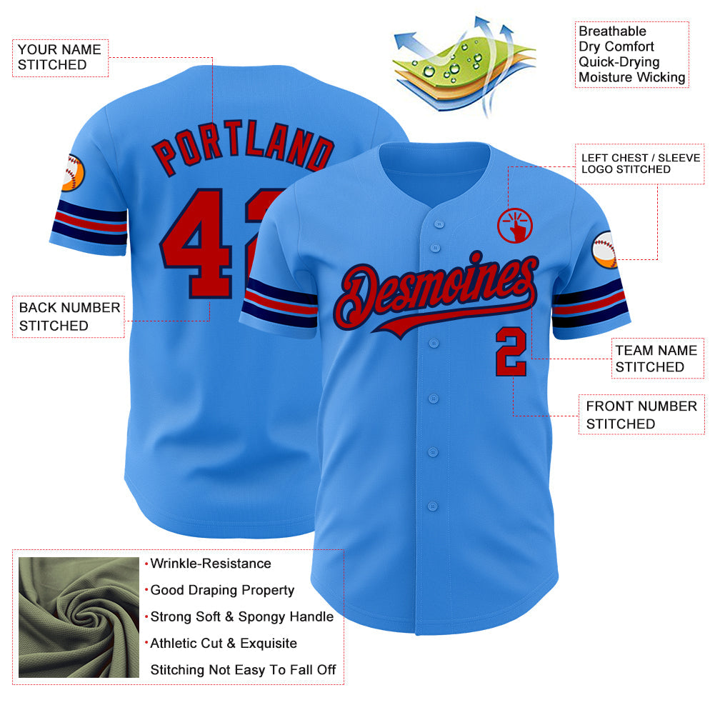 Custom Electric Blue Red-Navy Authentic Baseball Jersey view 3