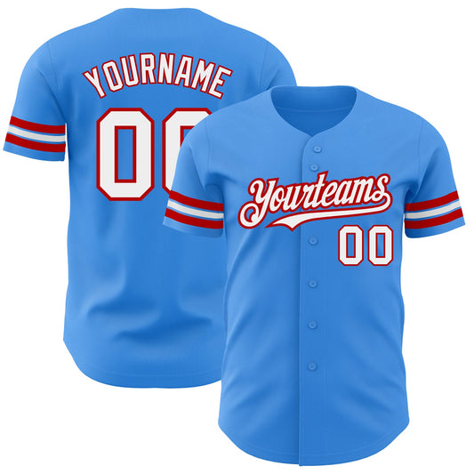 Custom Electric Blue White-Red Authentic Baseball Jersey - Main View