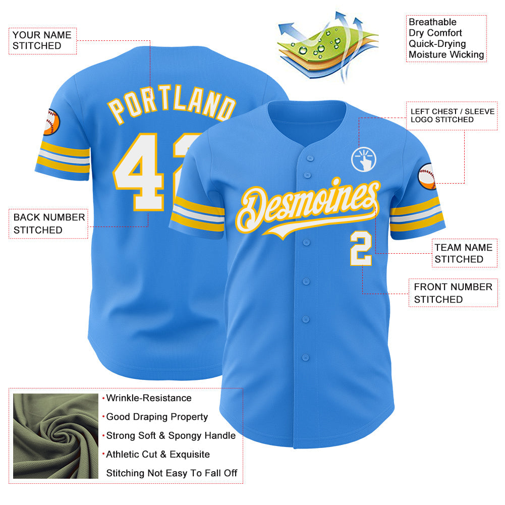 Custom Electric Blue White-Gold Authentic Baseball Jersey view 3