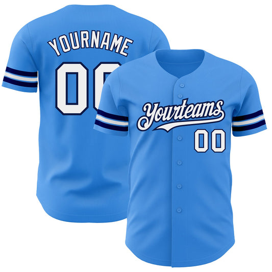 Custom Electric Blue White-Navy Authentic Baseball Jersey - Main View