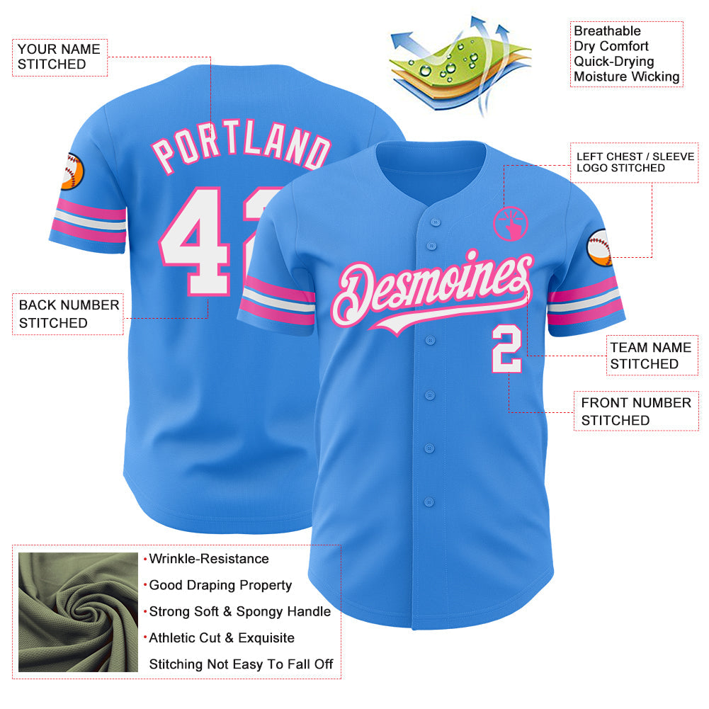 Custom Electric Blue White-Pink Authentic Baseball Jersey view 3