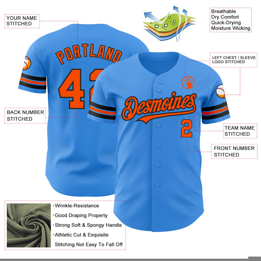 Custom Electric Blue Orange-Black Authentic Baseball Jersey view 3