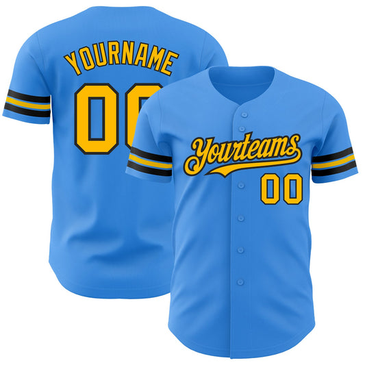 Custom Electric Blue Gold-Black Authentic Baseball Jersey - Main View